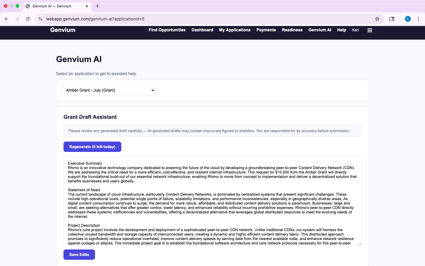 Genvium AI grant draft assistant