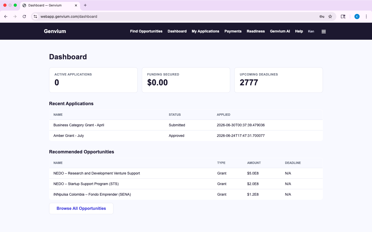 Genvium dashboard showing active applications, funding secured, upcoming deadlines, and recommended opportunities