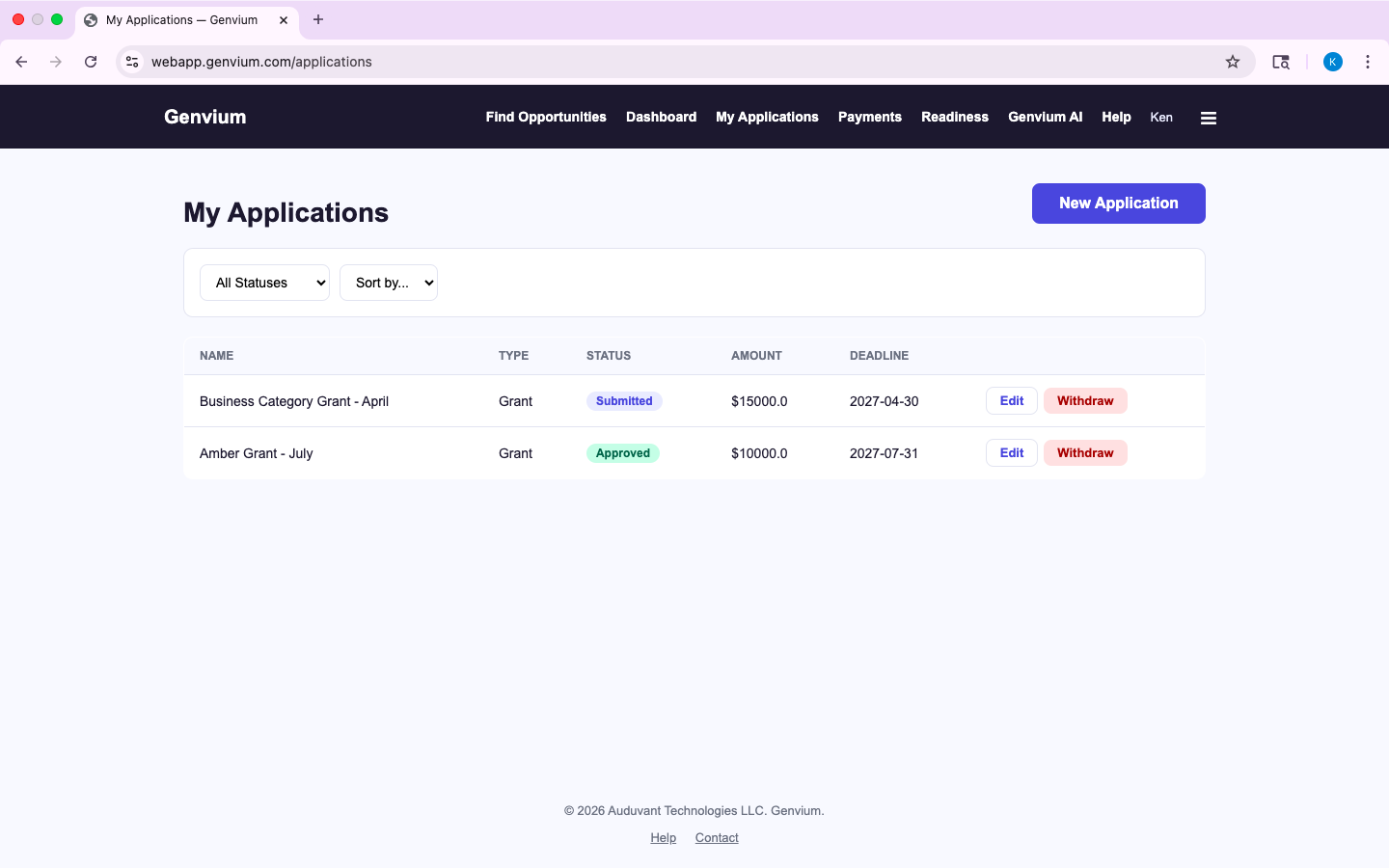 Genvium My Applications page showing application statuses, amounts, and deadlines