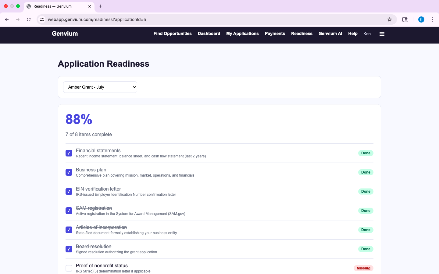 Genvium application readiness page showing completed and missing requirements