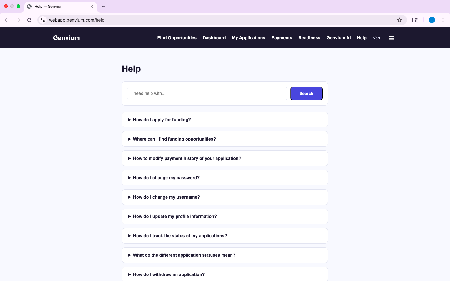 Genvium Help page with searchable funding and application guidance